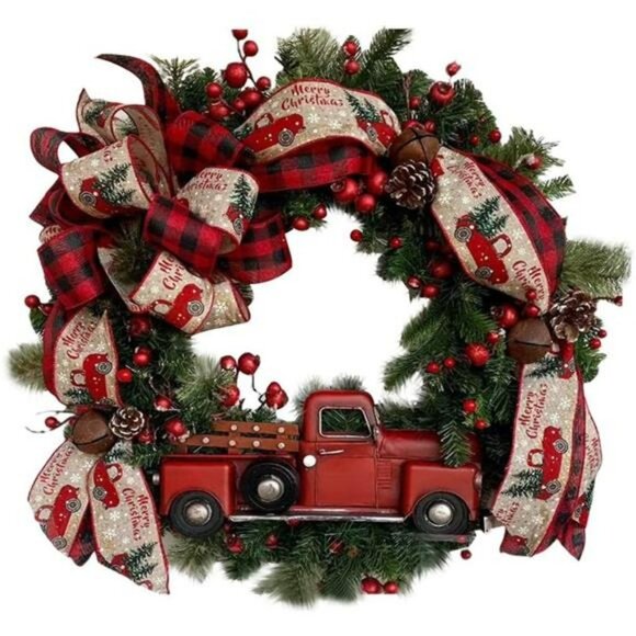 Red Truck Christmas Wreath Fall Eucalyptus Christmas Door Wreath Decoration - Picture 1 of 6